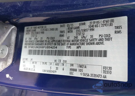 2015 Ford Escape Se from USA, damaged, VIN 1FMCU9GX6FUB54234